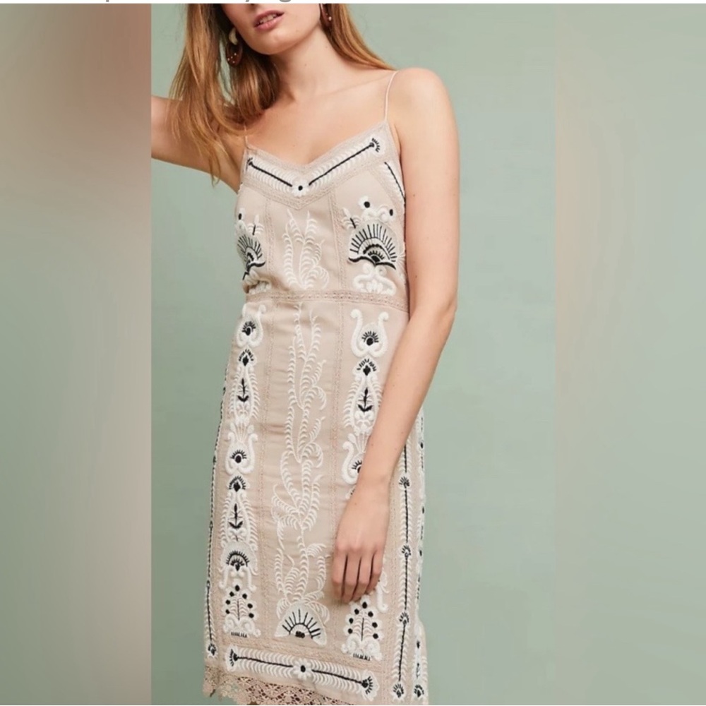 Anthropologie Beige Embroidered Slip Dress with Black & White Accents